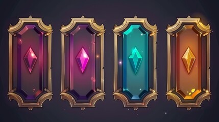 Poster - Fantasy gold border UI button frame design. Medieval gold metal interface element icon for role-playing game. Divider sign label with gem stone hud set. Cartoon decorative line badge illustration for