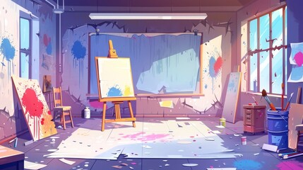 Wall Mural - This abandoned art classroom has a cracked wall, a dirty easel, a broken floor, and paint splashes. Painting equipment is used to draw illustration for students.