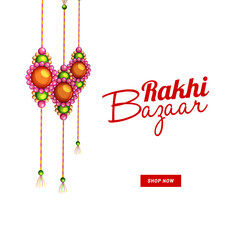 Wall Mural - Rakhi Bazaar Poster Design with Special Offer, Beautiful Three Rakhis Hang on Png Background.