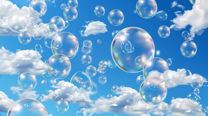 Poster - Flying soap bubbles fly in the sky, surrounded by fluffy white clouds. Modern illustration of transparent balls floating in the air, laundry foam balls with glossy surfaces.