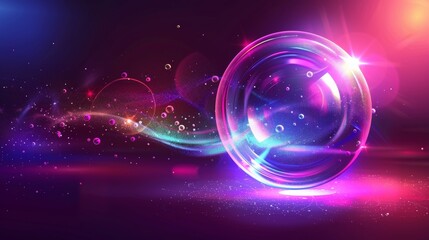 Poster - Iridescent glass spectrum foam in 3D. Realistic transparent soap bubble with neon rainbow light. Shampoo or powder abstract blow object icon.