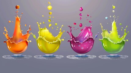 Wall Mural - A realistic set of color liquid splashes isolated on a transparent background. A modern illustration showing olive oil, lemonade, fruit juice, wine, beer, petrol, waves and droplets. Advertising for