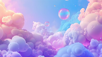 Poster - Flowing soap bubble spheres blowing in cloudy air fluffy texture design illustration. Sunny blue space with cumulus natural mist.