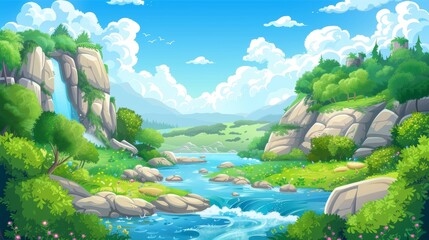 Wall Mural - Landscape with a river flowing in a valley. Modern illustration of a beautiful natural scene with blue water in a lake, lush green grass, trees, and bushes along its banks, and a clear sky filled