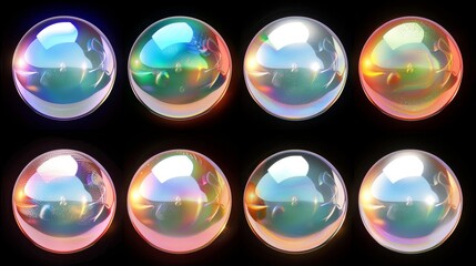 Poster - Sprite animation of an iridescent bubble burst explosion. Rainbow reflections on glass spectrum sheet. Storyboard kit for a 3D game with an abstract magic blowing balloon. Single clear circle sphere