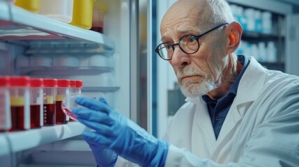 Poster - scientist takes out petri dish with samples from refrigerator box. he works in a modern laboratory.