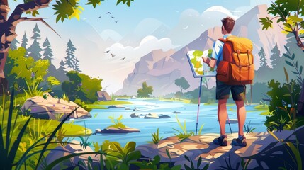 Wall Mural - In summer woods, tourist on riverbank with backpack and map. Two hikers in the forest. Modern cartoon illustration of man hiking through the forest.