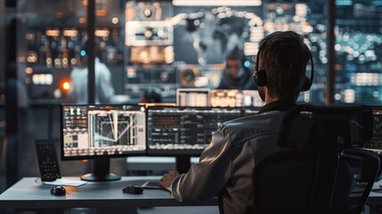 Poster - In the background are his colleagues working in the system control center as he sits at his desk with multiple displays in front of him.