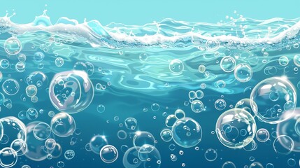 Poster - Detailed modern illustration of a realistic underwater air bubble with a transparent background. This illustration depicts a fizzy drink, sparkling beverage, diving deep into ocean water, aqua