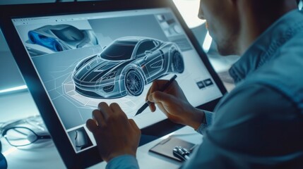 Poster - Automotive Designer Draws Sketch of a New Car Prototype with a Digital Display Graphics Tablet.