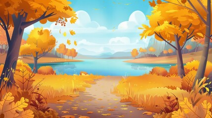 Wall Mural - A forest with footpaths leading to a blue lake. Modern cartoon illustration of a sunny day in woodland with yellow leaves on trees, golden foliage flying in the wind, a river, and cloudscape at the