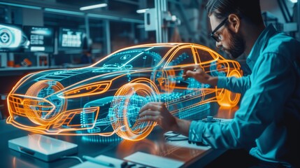 Poster - An electric car concept is created using CAD software coupled with a holographic 3D projection of the car model. In the Automotive Innovation Facility, the concept is created using a virtual vehicle