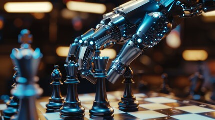 Poster - Artificial Intelligence Operates a Futuristic Robotic Arm in a Game of Chess. Robot Moves a Knight. High Tech Modern Research Lab.