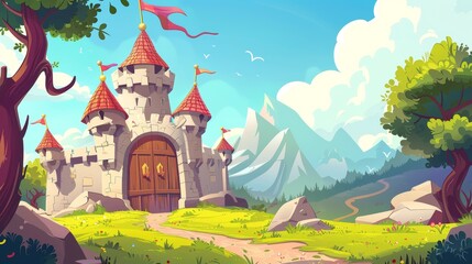 Wall Mural - Illustration of a fairytale medieval castle in a natural landscape. Cartoon modern illustration of a princess tower with a flag atop it and a path that leads to a wooden gate. A king building stands