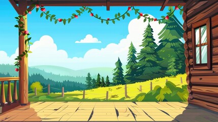 Wall Mural - Modern illustration of a country home porch with a tree view, a garland, and a countryside environment in a warm sunny day. Rural wooden cabin veranda in a hotel with a fence in a beautiful sunshine