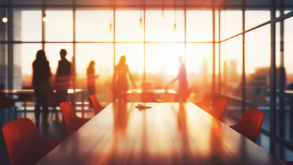 Centered sunlit office table surface and red chairs in conference meeting room interior with motion blur, Modern corporate workplace concept