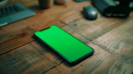 Poster - This is a macro shot of a green mock-up screen smartphone lying on a desk. The chroma key makes this great for a cut out template.