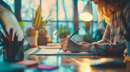 Canvas Print - She is sitting at her desk drawing, writing, and using a pen with her digital tablet computer. She is surrounded by a diverse group of young professionals.