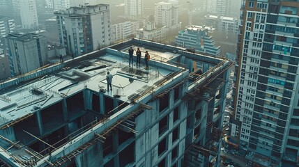 Poster - Aerial view of a construction site with a diverse team of experts. Civil Engineer, Investor, Architect, and Worker.