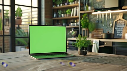 Poster - Green Screen Mock Up on Laptop Computer. Device is used on a kitchen table in a modern home. Sunny Modern Kitchen with Healthy Lifestyle Feels.