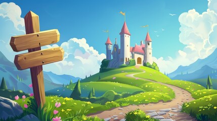 Sticker - Fantasy meadow with lawn and flowers on hills in a summer landscape. Modern cartoon illustration of medieval royal palace, blank wooden road signs pointing in the right direction, and blue sky.
