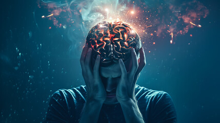 A man is depicted with his hands clutching his head, his face contorted in agony. The experience of neurological pain and destress. Generative AI.