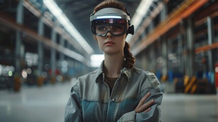 Poster - VFX Special Effects Mock-up Template: Female Engineer in Empty Warehouse Wearing Augmented Reality Headset and Using Mixed Reality Software.