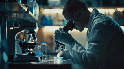 Poster - the scientist looks under a microscope at a petri dish sample. doctors do biotechnology and medicine