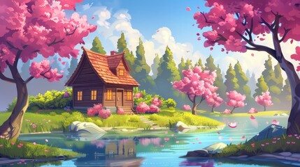 Wall Mural - The cartoon spring landscape shows a cute wooden cottage on the lake shore surrounded by sakura blossoms. A cozy wooden house cabin is seen on the shore of a river or pond surrounded by blossoming