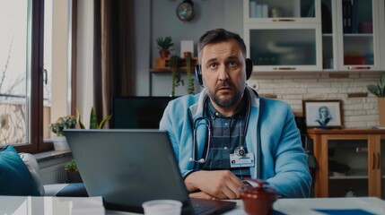 Poster - A handsome Caucasian man working from home and having a video call with a male doctor while seated behind a desk in his living room. Freelance Working From Home and Having a Video Call with a Doctor