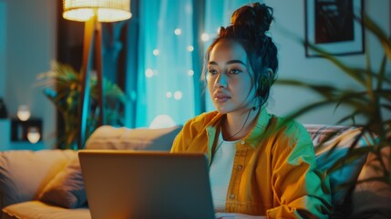Poster - An Authentic Latina Female in Cozy Living Room Making a Video Call on Laptop Computer. Freelancer Talking with Friends or Colleagues Over the Internet.