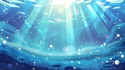 Poster - Cartoon modern sea or ocean underwater landscape with blue clear aqua deep, empty bottom, and reflections on surface on sandy seabed.