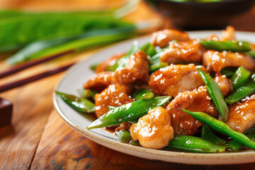 Poster - Stir-Fried Chicken with Snow Peas in a Savory Sauce on a Ceramic Plate