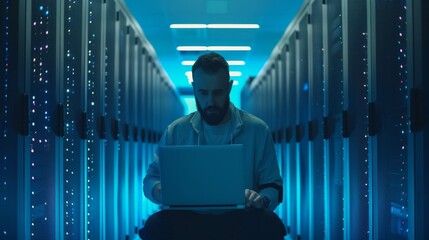 Poster - IT Specialist using laptop in Data Center. Server Farm Cloud Computing Facility with Male Maintenance Administrator Working. Cyber Security and Network Protection.