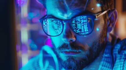 Poster - Digital Entrepreneur with Glasses Looking at Camera Line of Code while Working on Innovative e-Commerce App.