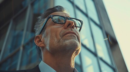 Poster - Stylish Middle Aged Caucasian Man Looking Up in Wonder. Smart. Digital Entrepreneur Thinking, Finding Solutions. Abstract Creative Angle.