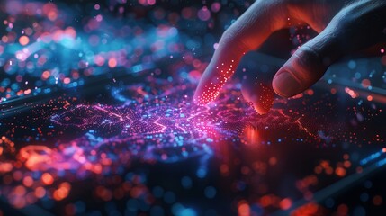 Poster - The design concept shows a human finger pressing a touch screen panel. The template is applicable for futuristic artificial intelligence interfaces, visualizing machine learning through computer