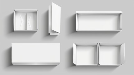 Wall Mural - A mockup of an open white cardboard box mockup. A modern illustration set of blank carton packages in various angles for delivery or gift presentations. A rectangle-shaped shape with a lid is mocked