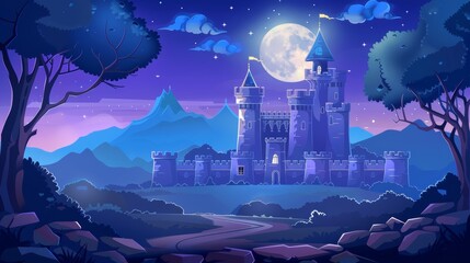 Wall Mural - In cartoon dusk, a road leading to a fairytale medieval castle under full moon, with stone walls, towers, windows, and gate doors.