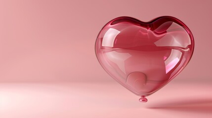 Poster - Floating glass heart on pink background with shadow. Realistic modern illustration of red transparent acrylic glossy romantic element for Valentine's Day cards. Balloon shape love symbol.