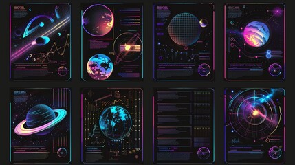 Poster - An illustration of retrowave aesthetic banners with retrowave satellite, radar, planet globe, moon icons, y2k vibe flyer templates on a white background.