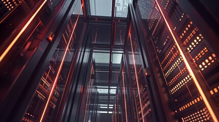 Wall Mural - A 3D rendering of a modern data center server rack working in a well-lit environment. The concept showcases Internet of Things, Big Data Protection, Storage, Cryptocurrency Farm, and Cloud Computing.