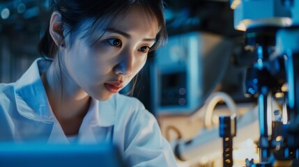 Poster - An Asian female technician configures industrial machinery using a computer while using a laptop while operating a heavy industry machine.