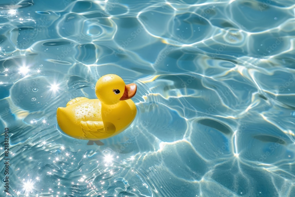 Bright yellow rubber duck floating in clear blue pool water, creating a ...