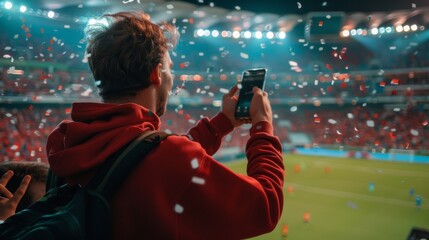 Crowd celebrates soccer goal, championship victory, using smartphone to check app, bet, score, and winnings. Caucasian man cheers for red team to win.