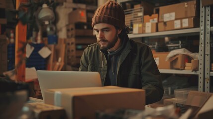 Poster - An online store inventory manager is preparing a small parcel for postal delivery. A young, confident small business owner is preparing an order to be delivered.