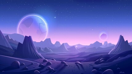 Wall Mural - Space alien planet landscape with starry sky and huge glowing celestial body in sky with light or haze. Blue outer space ground surface with star or satellite. Fantasy travel around the cosmos.