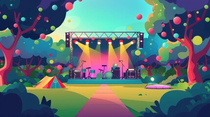 Concert stage in summer park. Modern cartoon illustration of concert equipment, microphone, spotlights, displays on scene, tents and picnic blankets on lawn, green trees in sunny public garden.