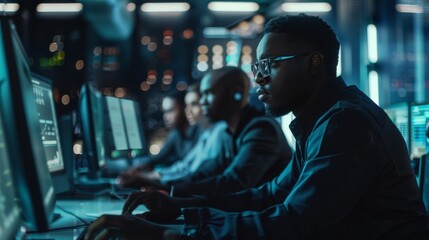 Poster - A group of empowered multicultural men and women working in a research center, using computers to run advanced software, develop AI interfaces, and establish cyber security protocols