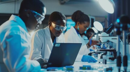 Poster - two project managers discuss manufacturing using laptop computers, while a female specialist examine